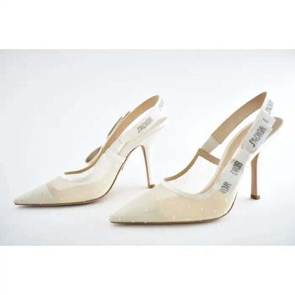 Dior Jadior White Plumetis Polka Crystal Ribbon Slingback Sandal Heel Pump 42 - Picture 10 of 12